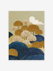 Japanese landscape wall art featuring stylized golden and white fan trees, blue rolling hills, and a white sun on a textured olive green background.