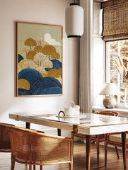 Japanese landscape wall art featuring stylized golden and white fan trees, blue rolling hills, and a white sun on a textured olive green background. - Image 2