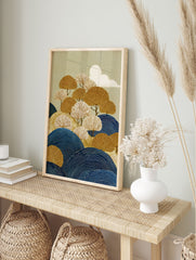 Japanese landscape wall art featuring stylized golden and white fan trees, blue rolling hills, and a white sun on a textured olive green background. - Image 3