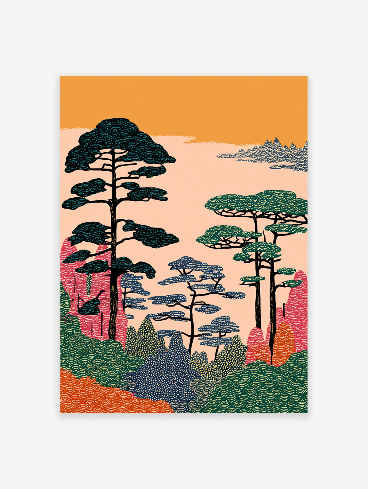 Illustrative Japanese landscape wall art with stylized pine trees, colorful hills, and an orange sky.