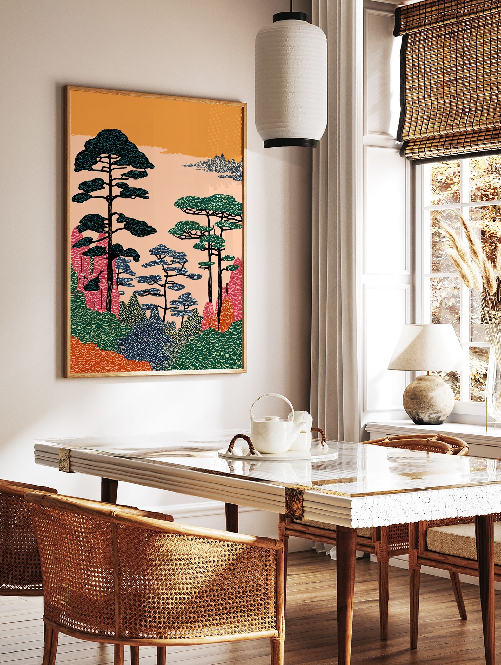 Illustrative Japanese landscape wall art with stylized pine trees, colorful hills, and an orange sky. - Image 2