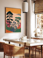 Illustrative Japanese landscape wall art with stylized pine trees, colorful hills, and an orange sky. - Image 2