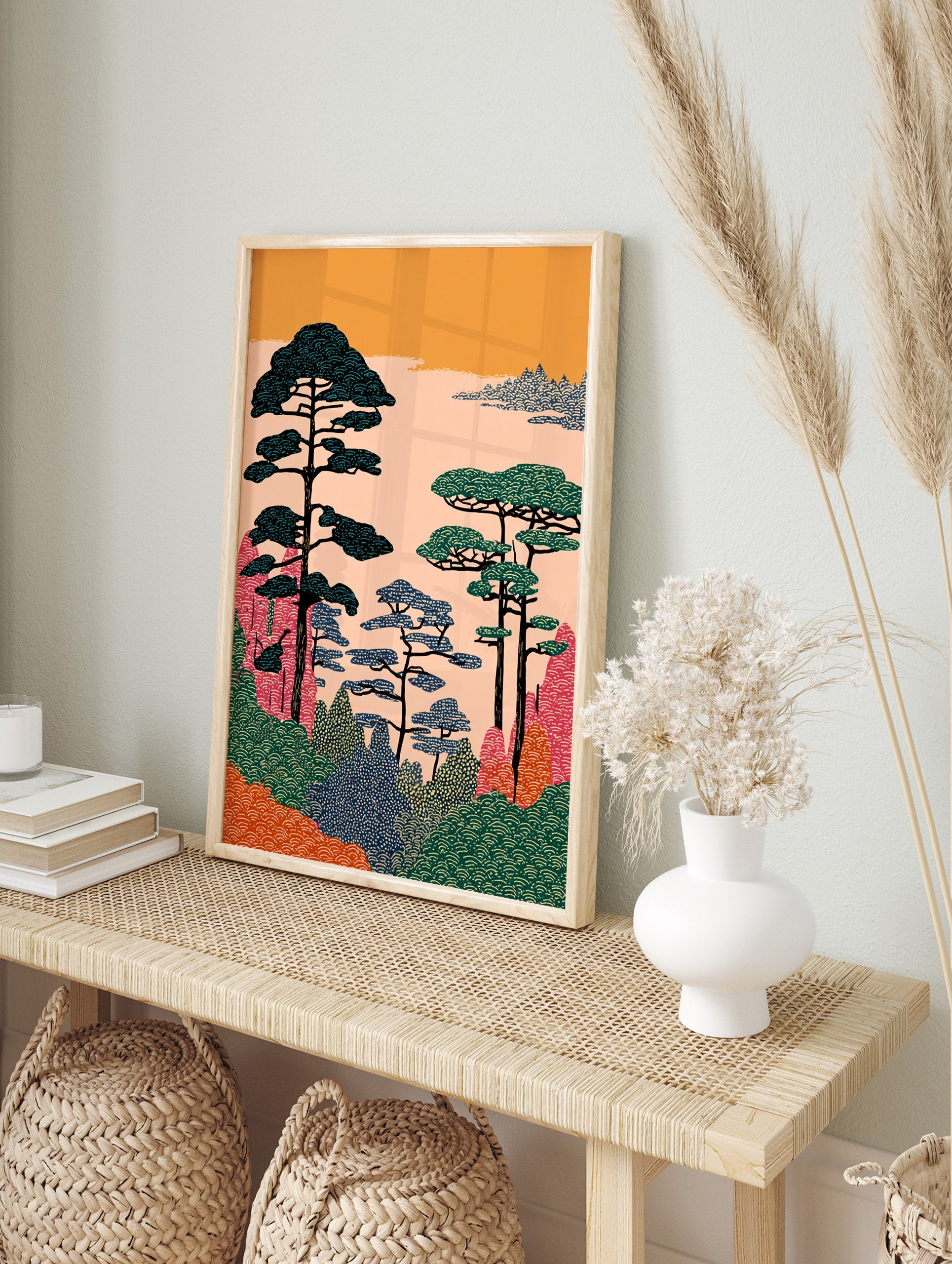 Illustrative Japanese landscape wall art with stylized pine trees, colorful hills, and an orange sky. - Image 3