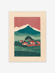 Illustrative Japanese landscape wall art print with red patterned sky, teal mountains, green hills, and village houses.