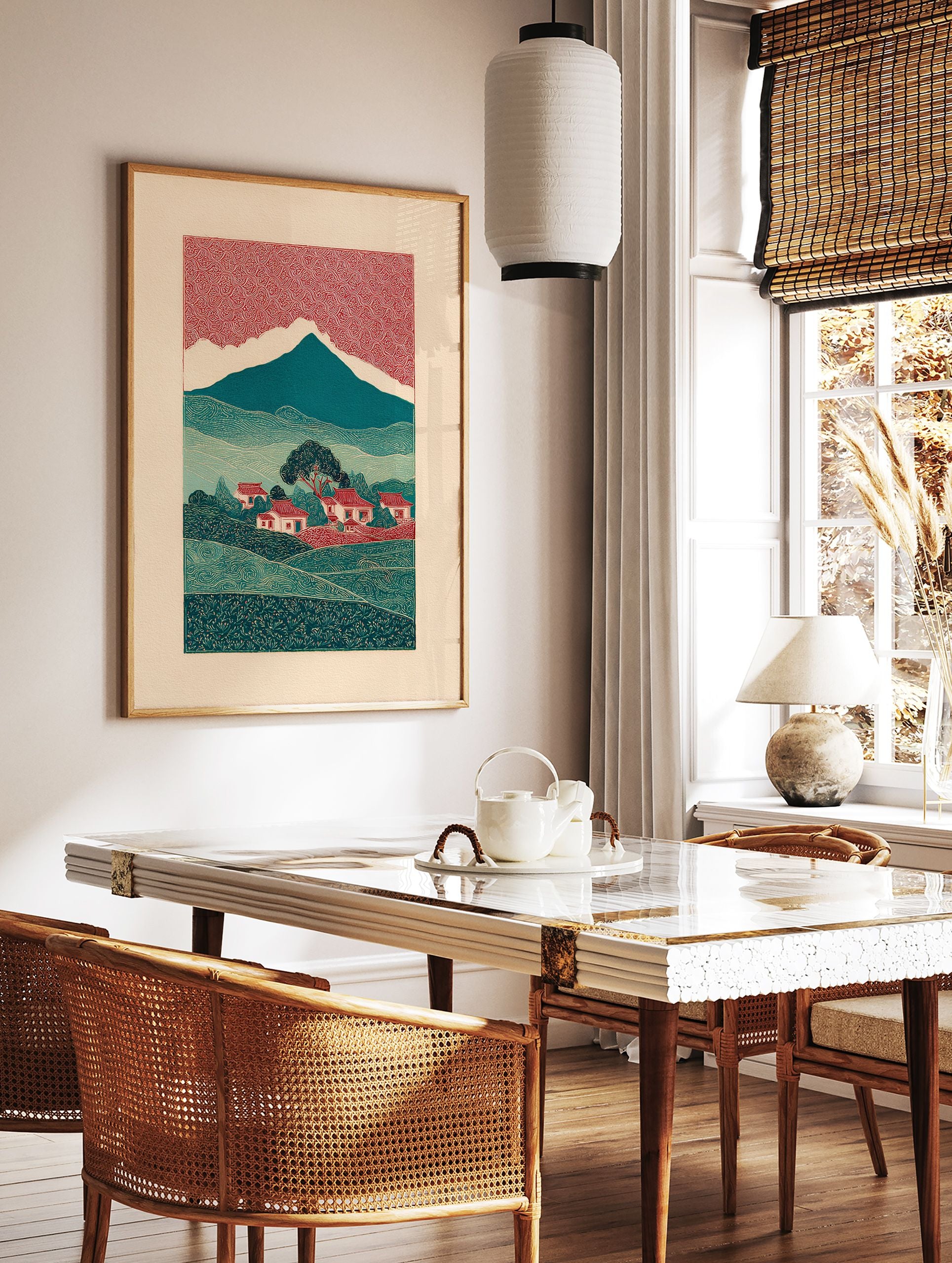 Illustrative Japanese landscape wall art print with red patterned sky, teal mountains, green hills, and village houses. - Image 2