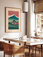 Illustrative Japanese landscape wall art print with red patterned sky, teal mountains, green hills, and village houses. - Image 2