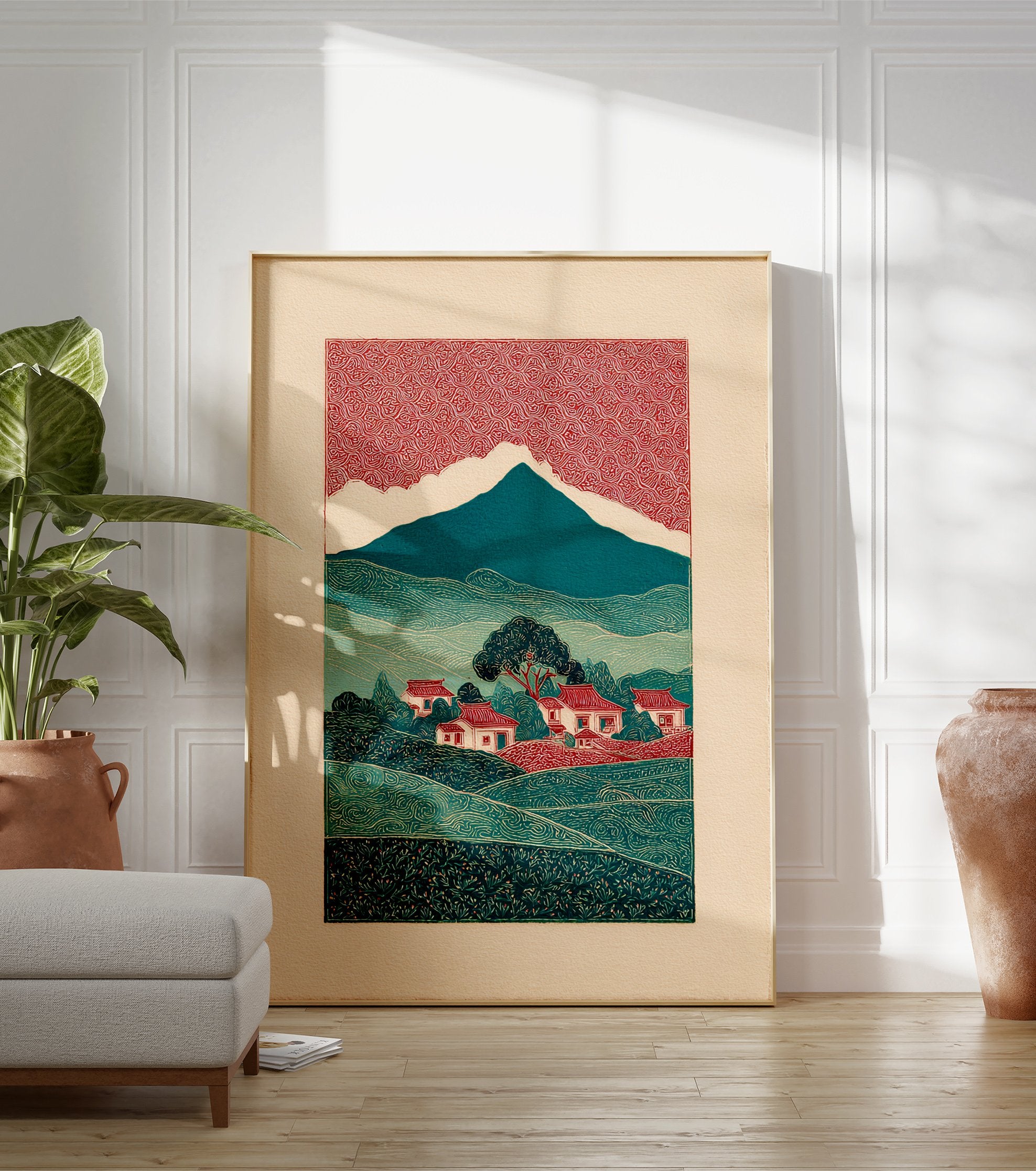 Illustrative Japanese landscape wall art print with red patterned sky, teal mountains, green hills, and village houses. - Image 3