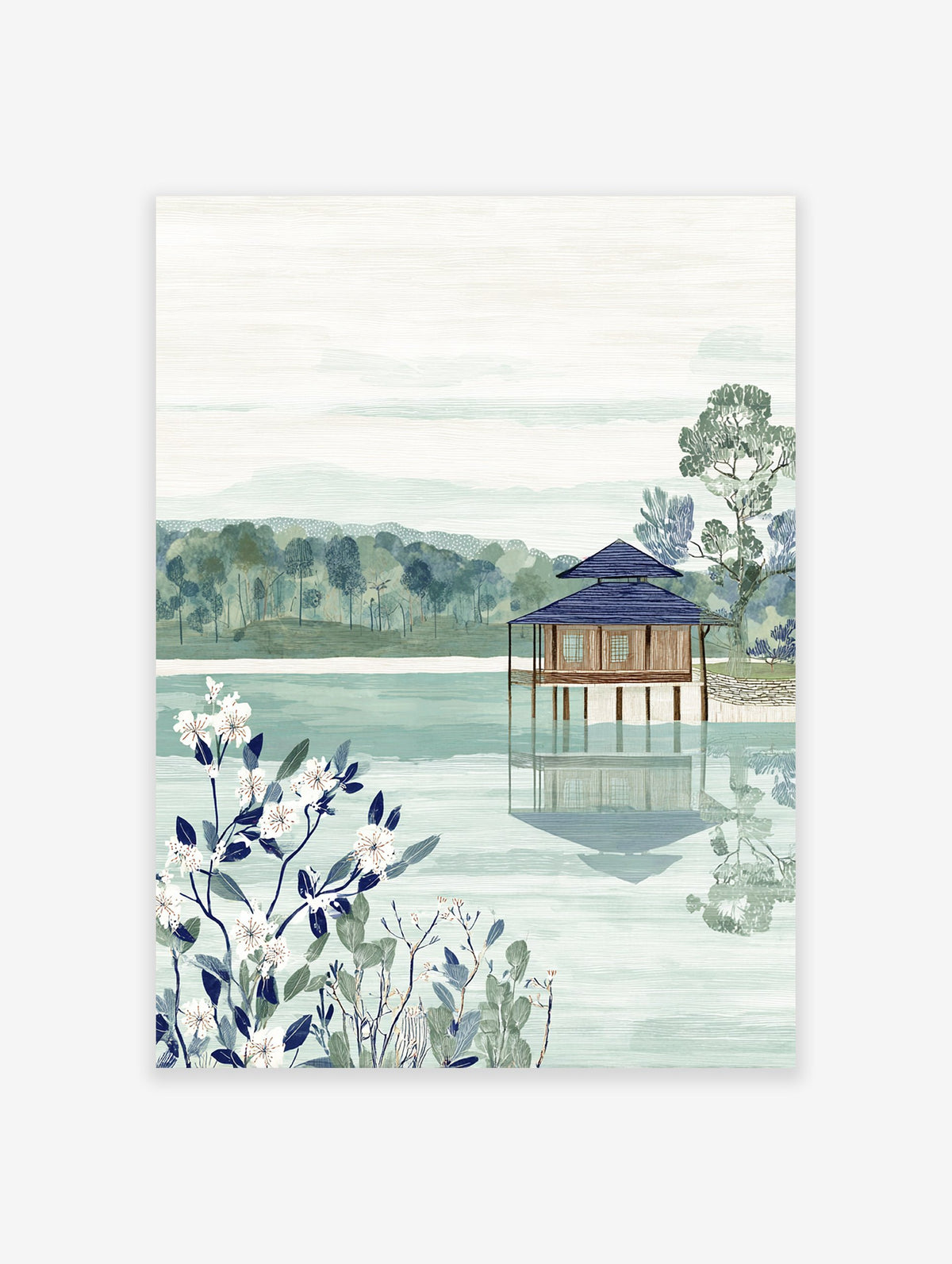 Japanese landscape wall art featuring a serene lakeside house, lush trees, and white botanical flowers in the foreground.