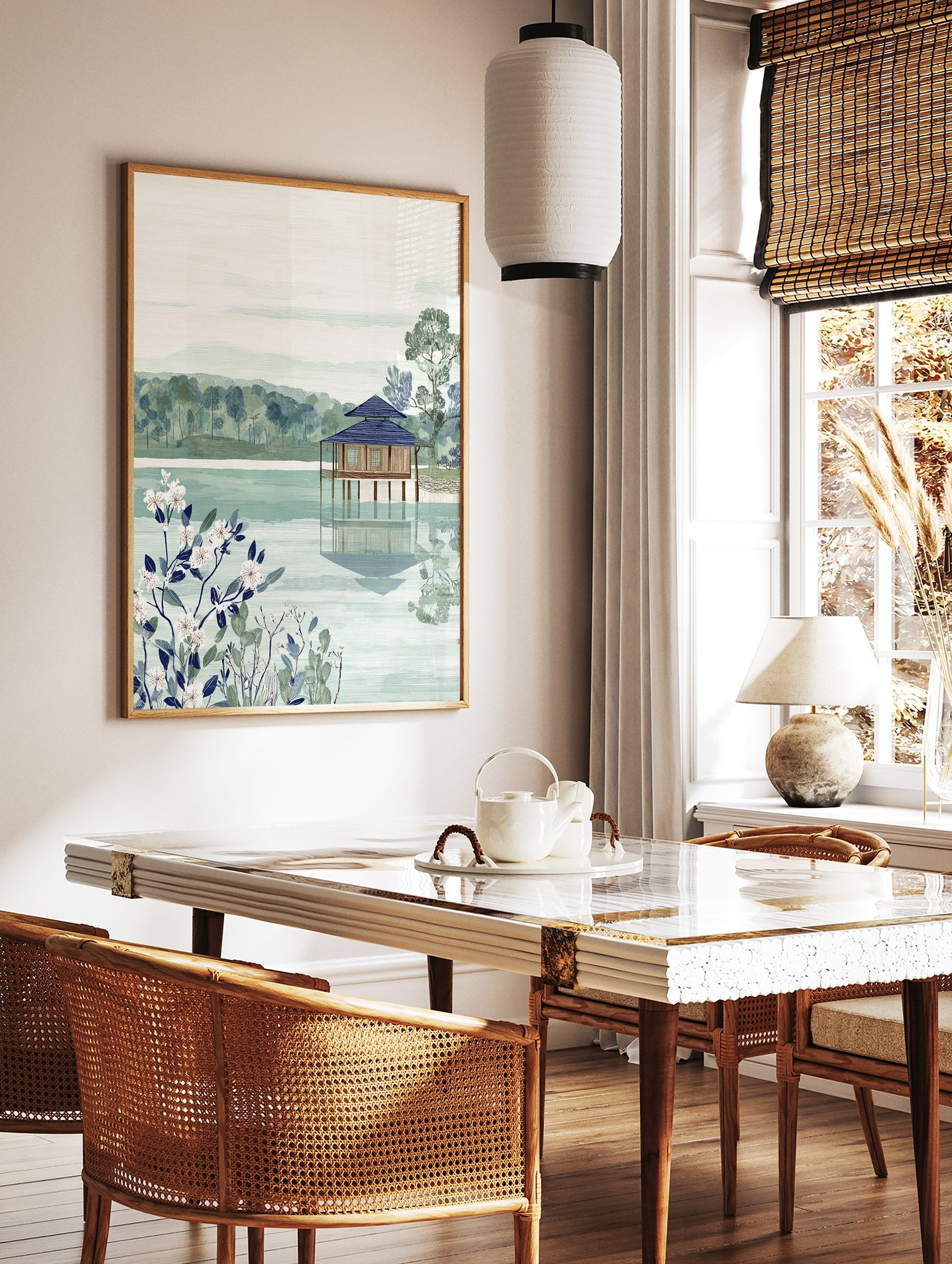 Japanese landscape wall art featuring a serene lakeside house, lush trees, and white botanical flowers in the foreground. - Image 2