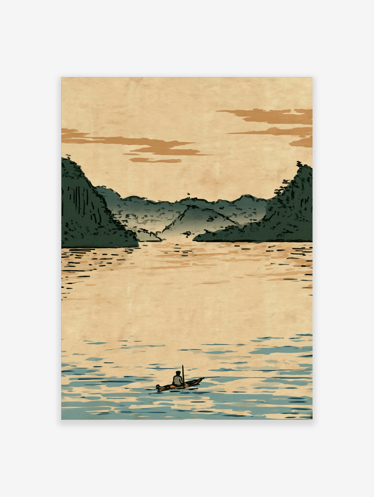 Illustrative Japanese-style landscape print showing a lone boatman on calm water with misty green mountains in the