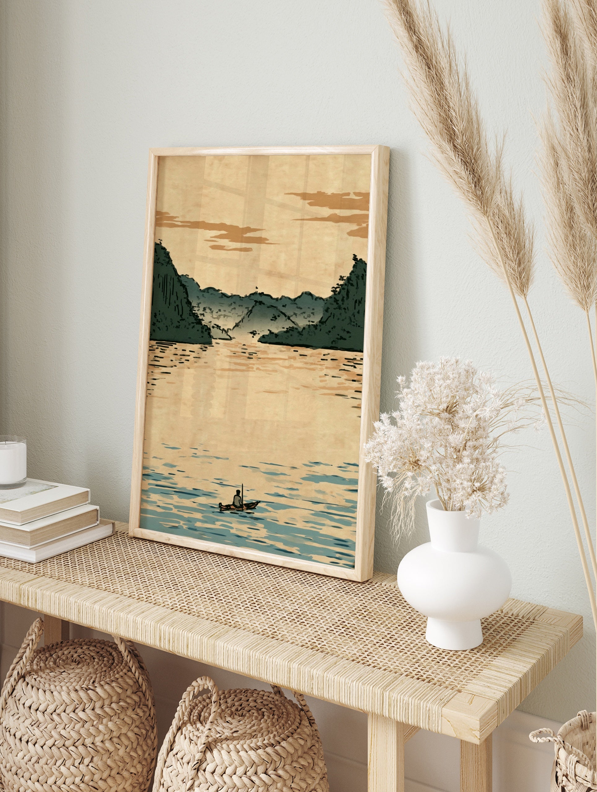 Illustrative Japanese-style landscape print showing a lone boatman on calm water with misty, in an alternate framed mockup