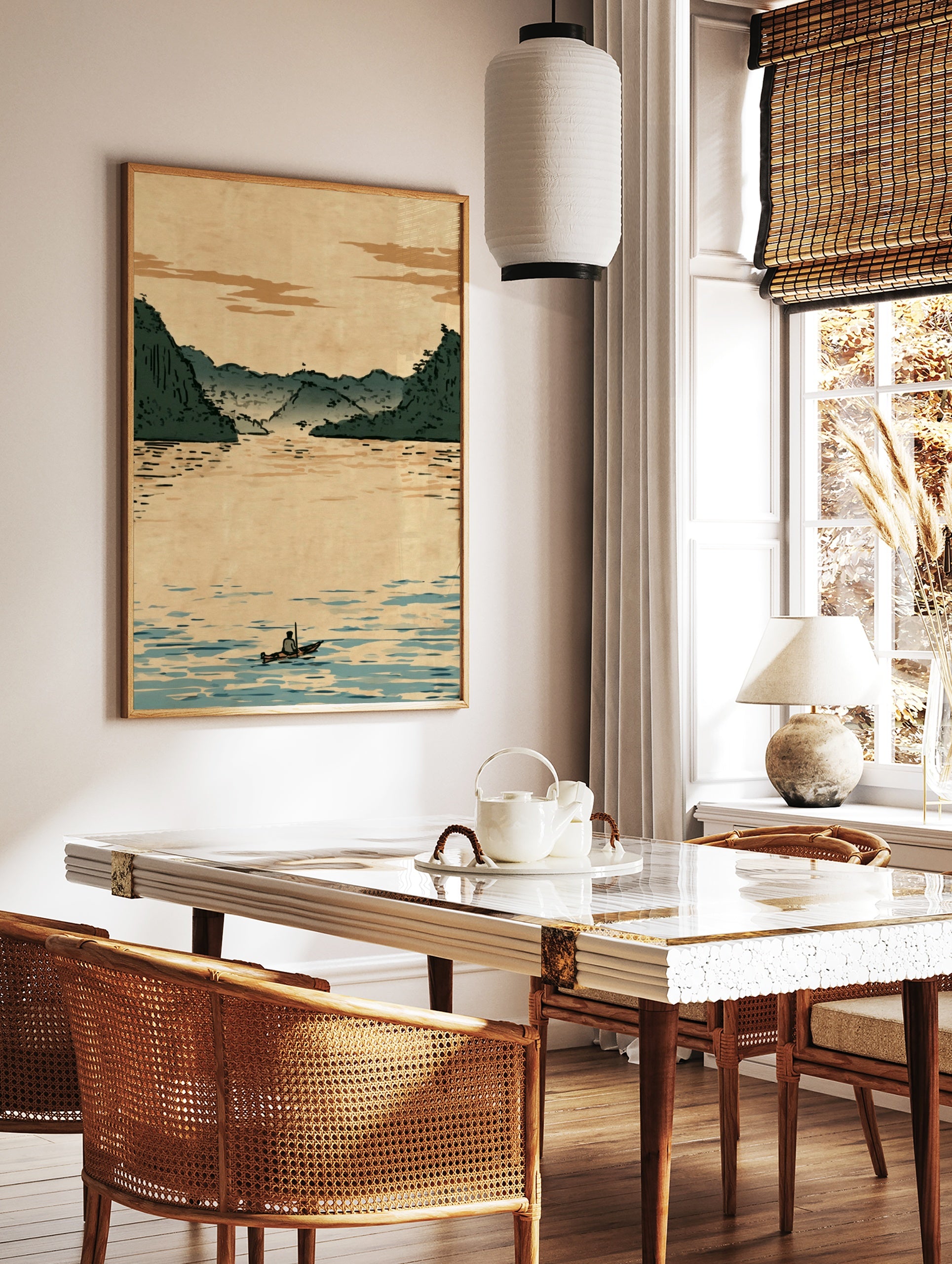 Illustrative Japanese-style landscape print showing a lone boatman on calm water with misty green, in a styled room mockup