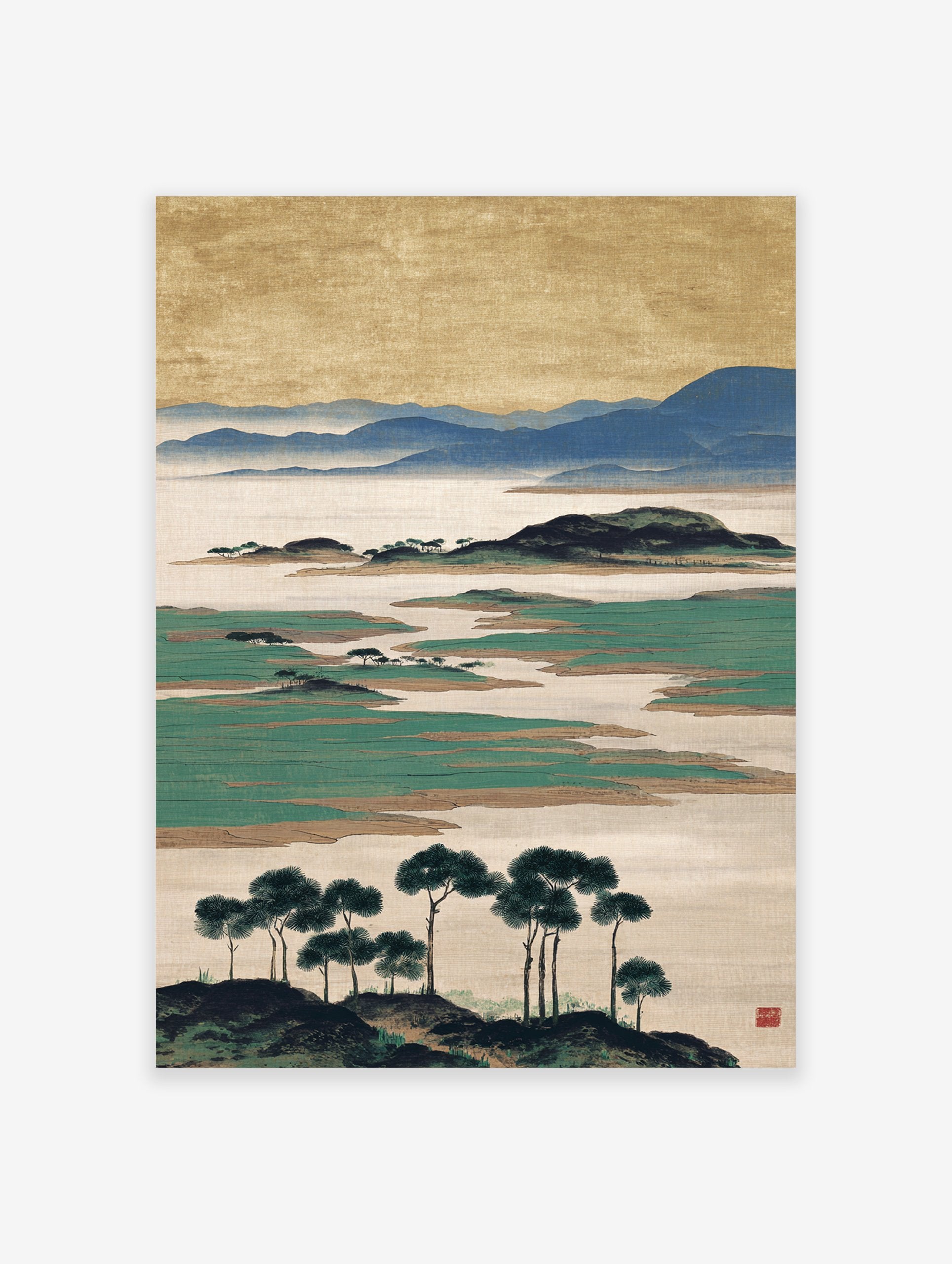 Traditional Japanese landscape wall art print with misty blue mountains, green islands, pine trees, and a golden sky.