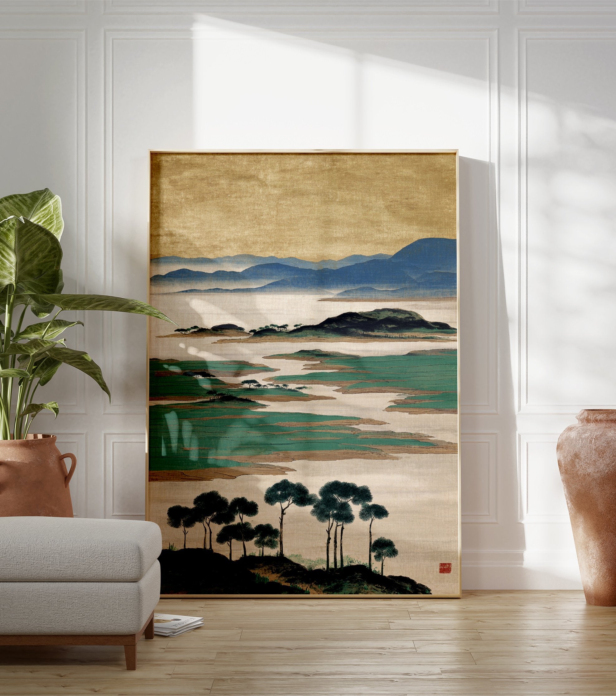 Traditional Japanese landscape wall art print with misty blue mountains, green islands, pine trees, and a golden sky. - Image 3