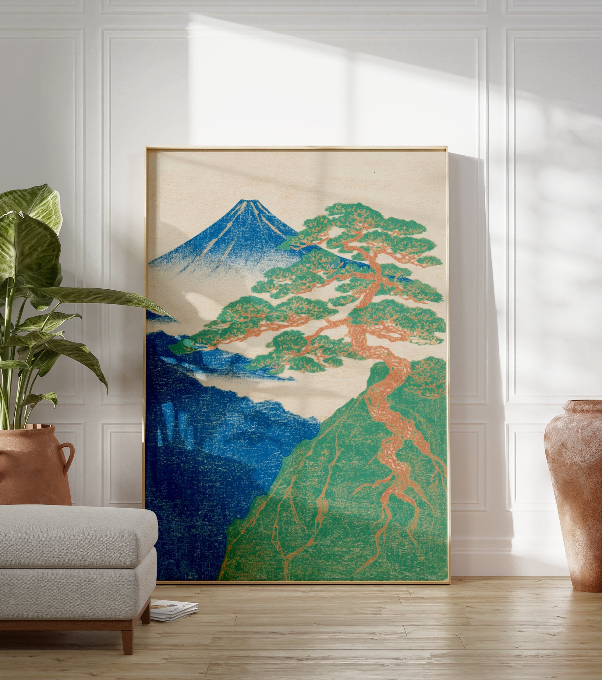 Japanese woodblock print of Mount Fuji with a large, gnarled pine tree in the foreground and blue landscape. - Image 3