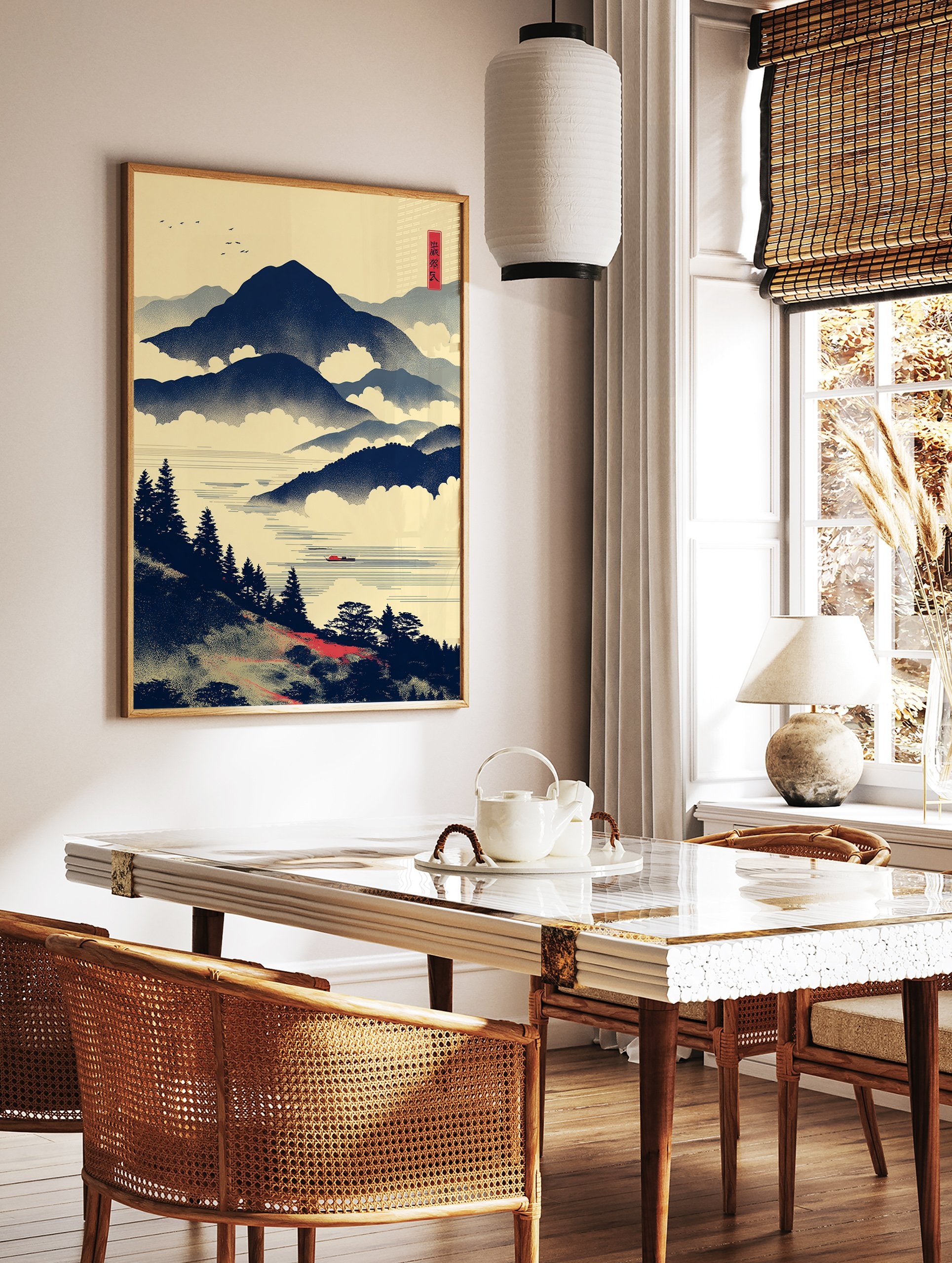 Japanese landscape wall art featuring blue mountains, a misty lake, pine trees, and a small red boat under a yellow sky. - Image 2