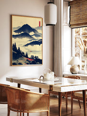 Japanese landscape wall art featuring blue mountains, a misty lake, pine trees, and a small red boat under a yellow sky. - Image 2