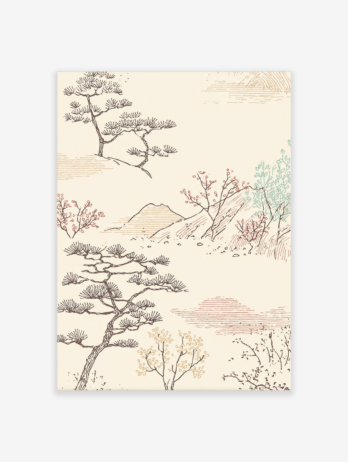 Japanese landscape art print with stylised pine trees, red blossom branches, mountains, and clouds on a cream background