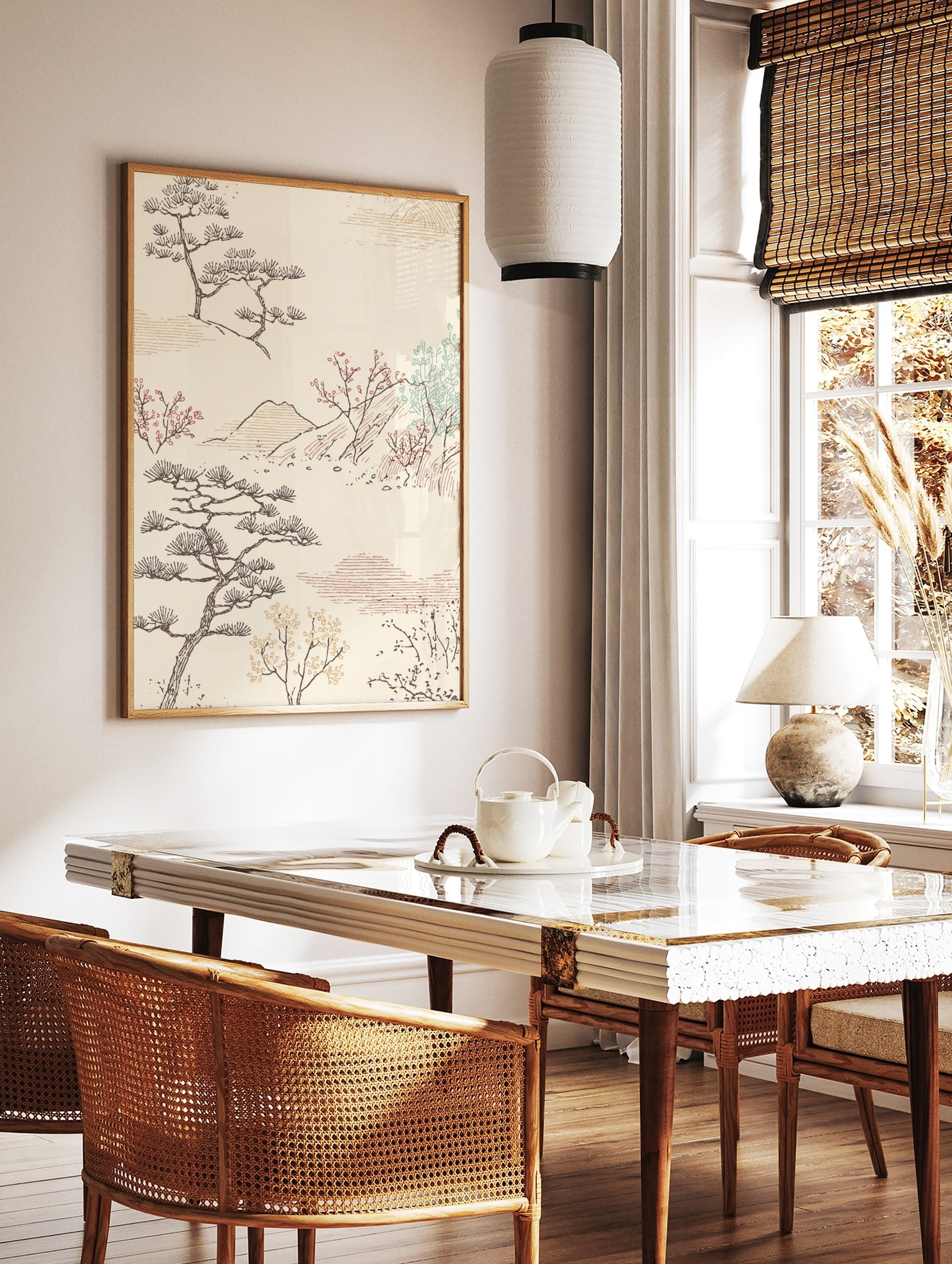 Japanese landscape art print with stylised pine trees, red blossom branches, mountains, and clouds, in a styled room mockup