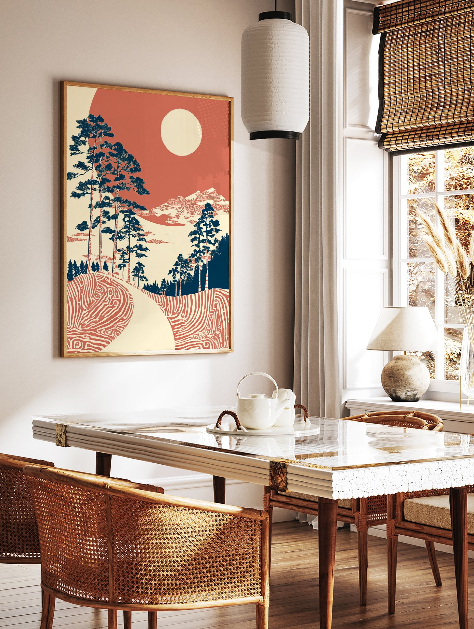 Japanese landscape wall art with blue pine trees, red patterned ground, distant mountains, and a cream sun in a red sky. - Image 2