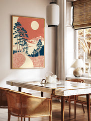 Japanese landscape wall art with blue pine trees, red patterned ground, distant mountains, and a cream sun in a red sky. - Image 2