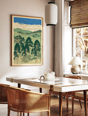 Japanese Landscape Wall Art print featuring tall pine trees, rolling green hills, and a textured blue sky in traditional woodblock style. - Image 2