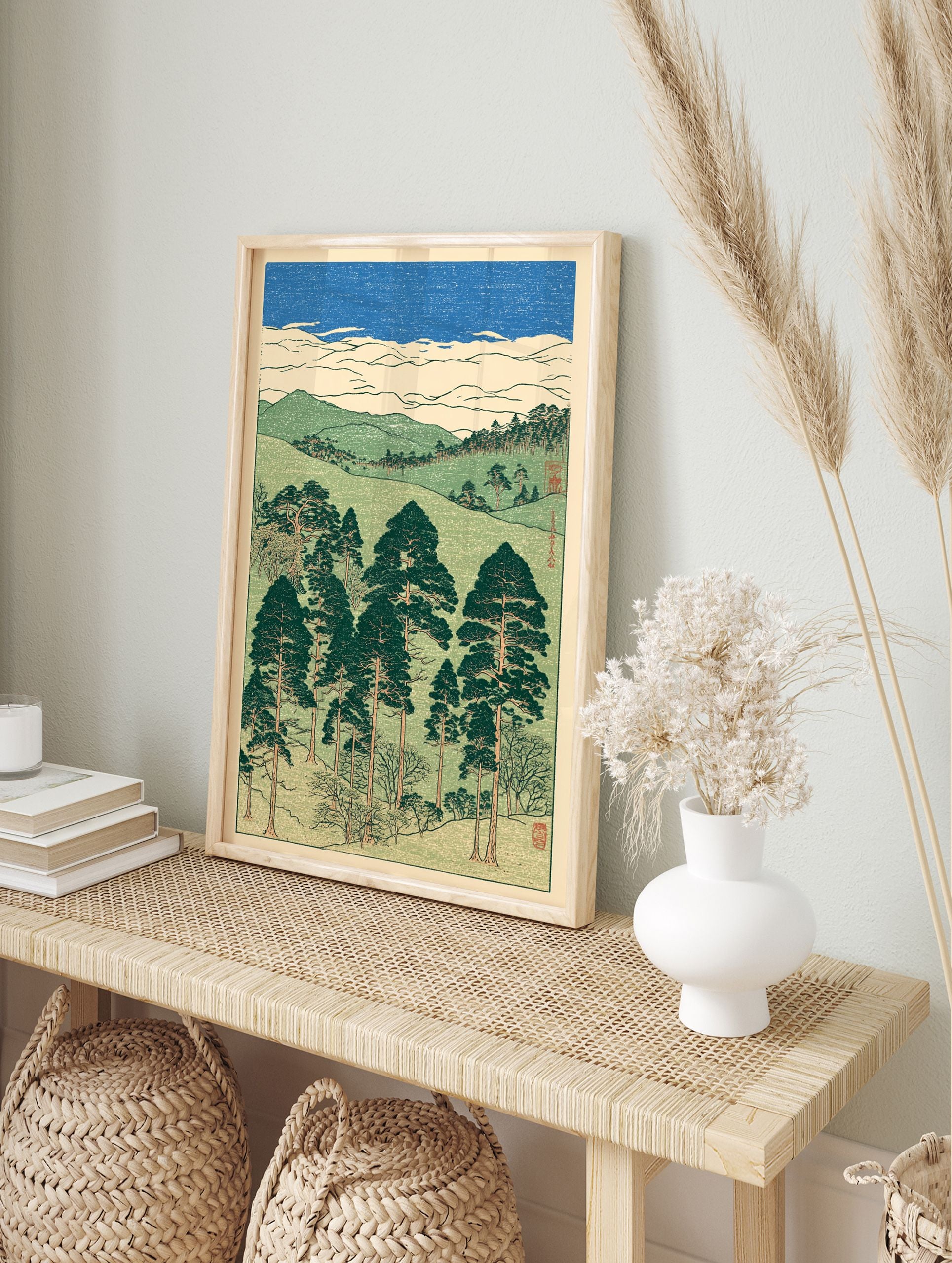 Japanese Landscape Wall Art print featuring tall pine trees, rolling green hills, and a textured blue sky in traditional woodblock style. - Image 3