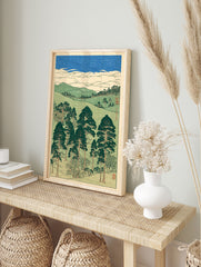 Japanese Landscape Wall Art print featuring tall pine trees, rolling green hills, and a textured blue sky in traditional woodblock style. - Image 3