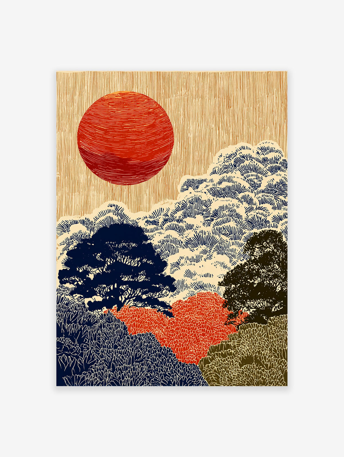 Japanese landscape wall art print with a large red sun, stylized blue and green trees on a textured beige background.