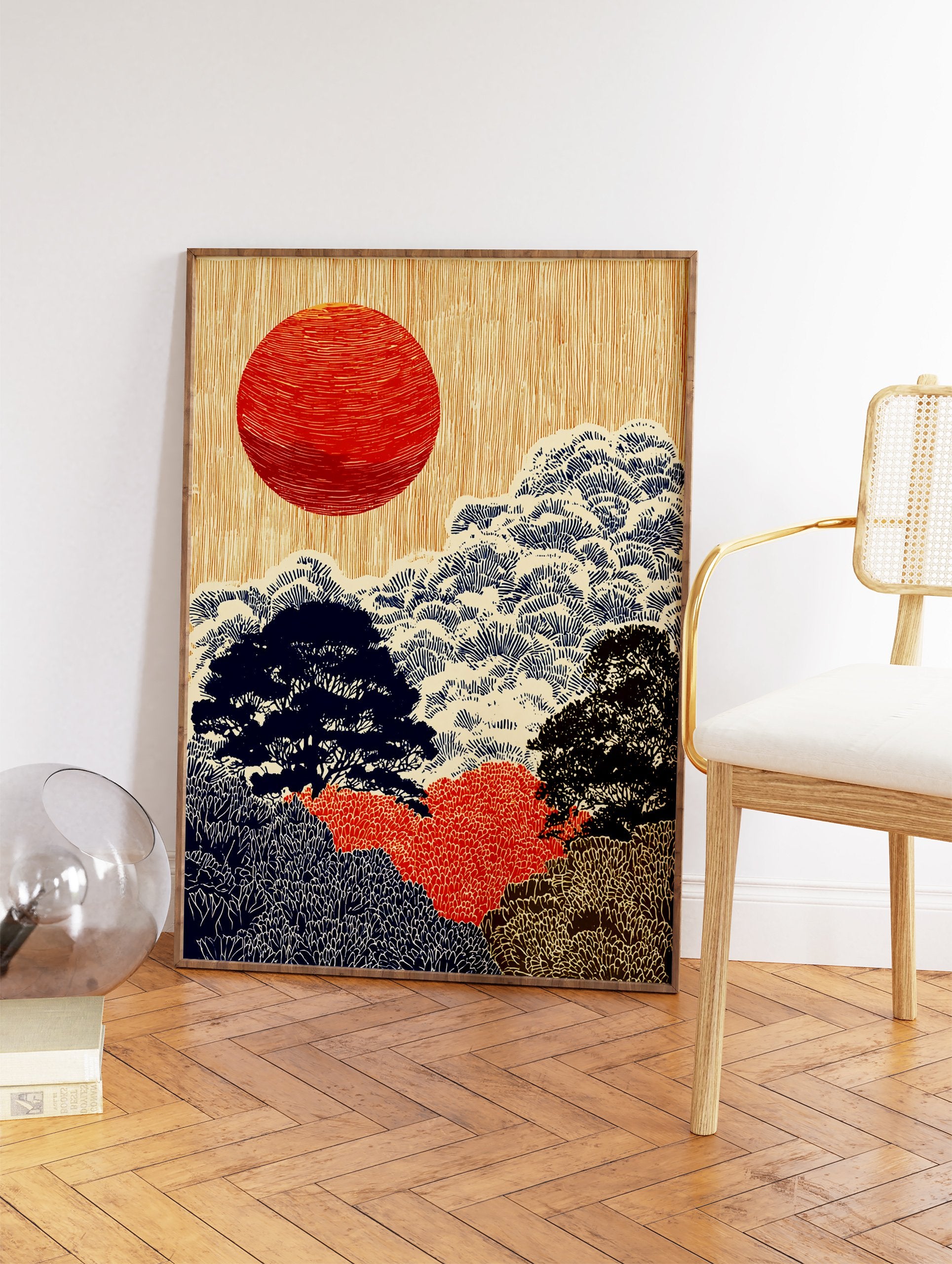 Japanese landscape wall art print with a large red sun, stylized blue and green trees on a textured beige background. - Image 2