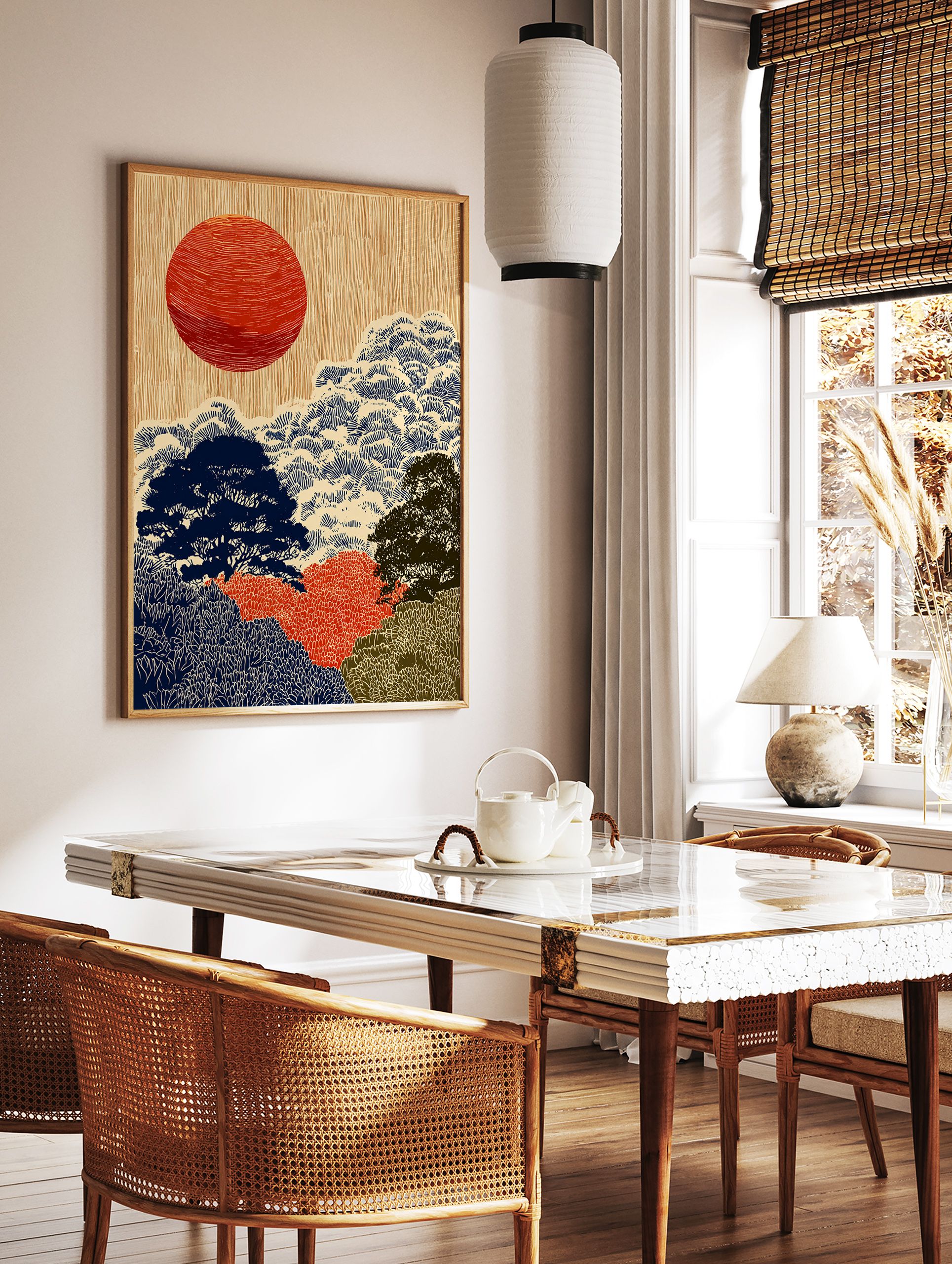 Japanese landscape wall art print with a large red sun, stylized blue and green trees on a textured beige background. - Image 3