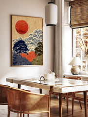 Japanese landscape wall art print with a large red sun, stylized blue and green trees on a textured beige background. - Image 3