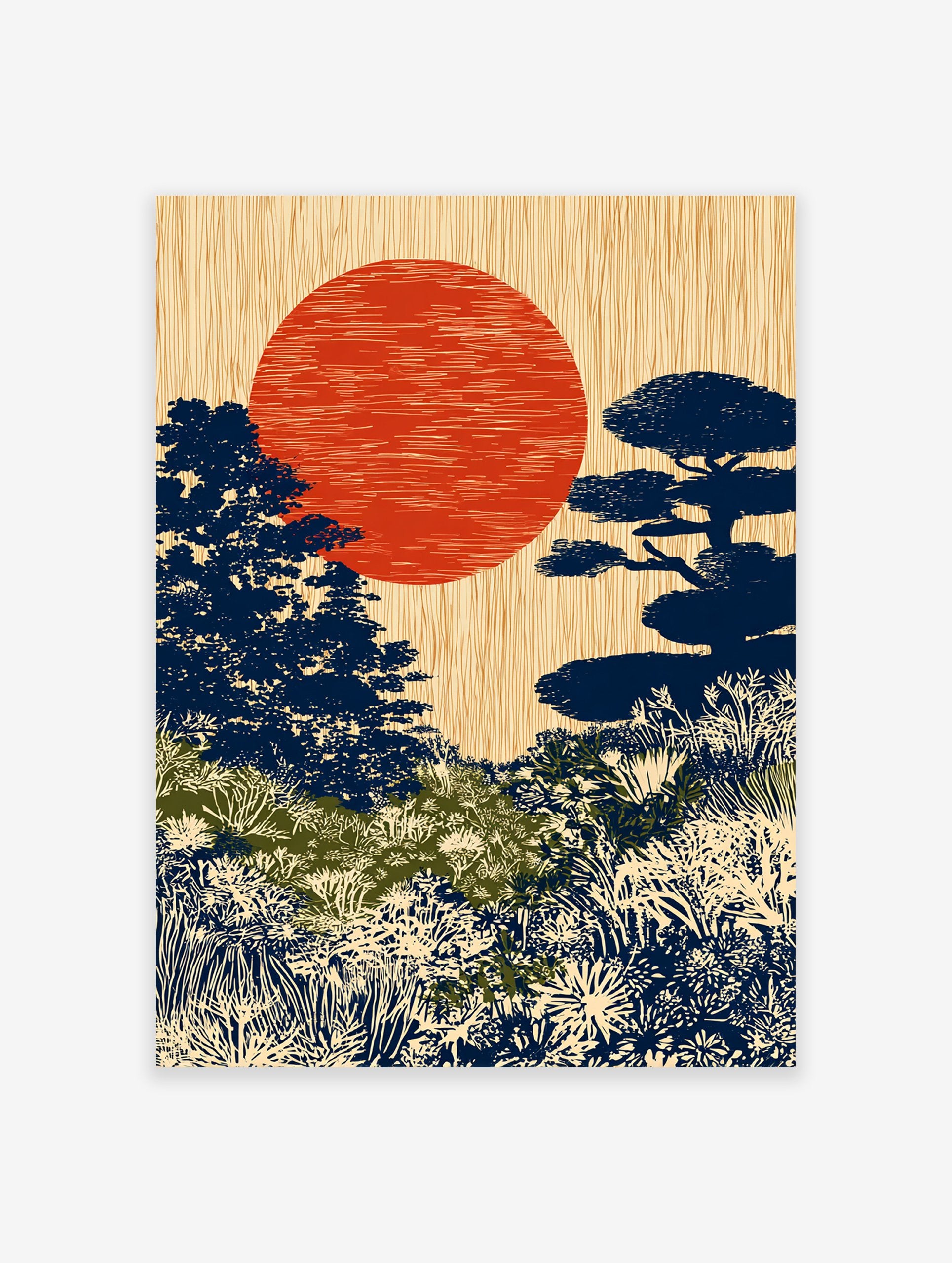 Japanese landscape art print with a large red sun, dark blue trees, and green and cream foliage in a Ukiyo-e style.