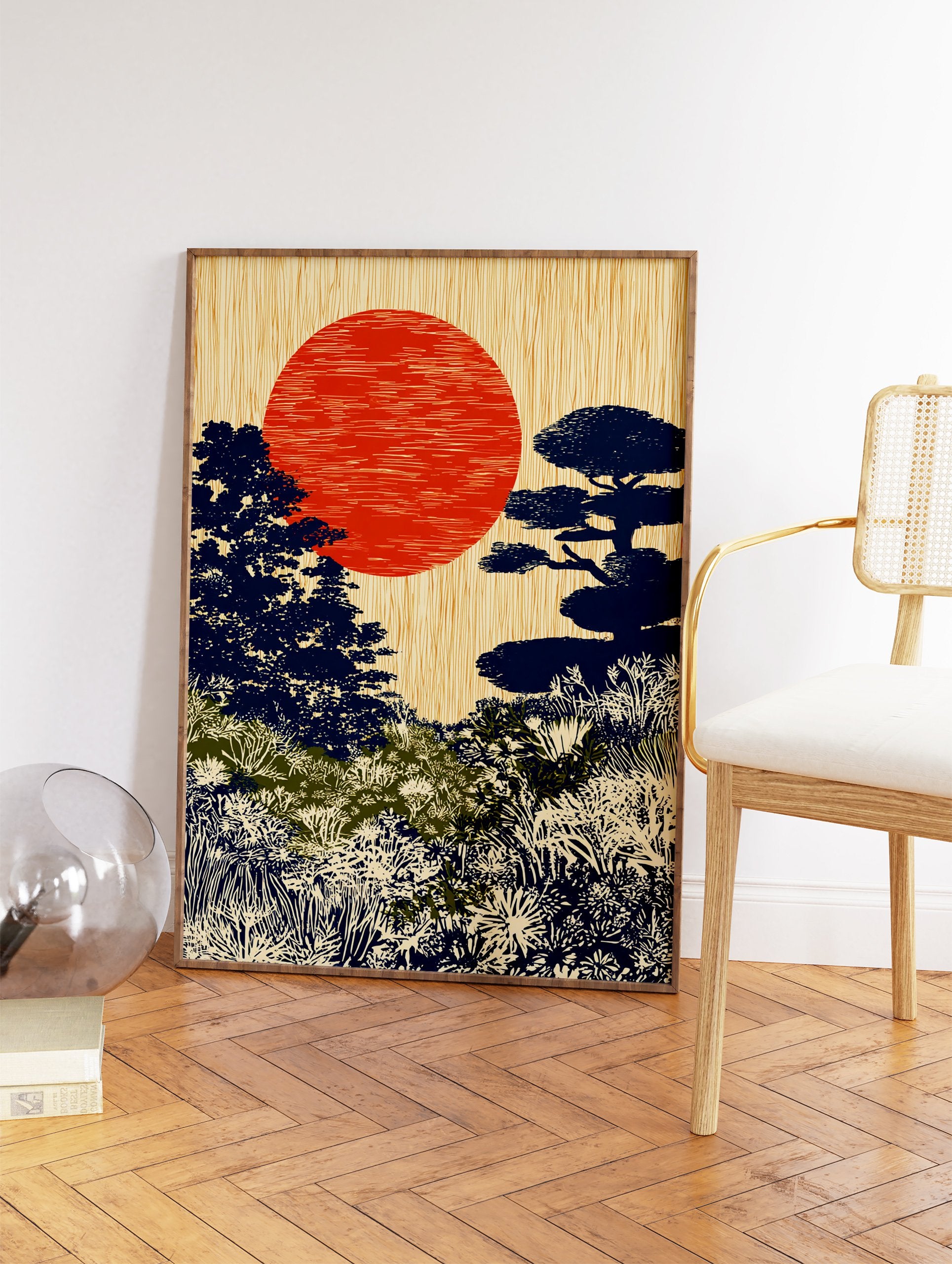 Japanese landscape art print with a large red sun, dark blue trees, and green and cream foliage in a Ukiyo-e style. - Image 2