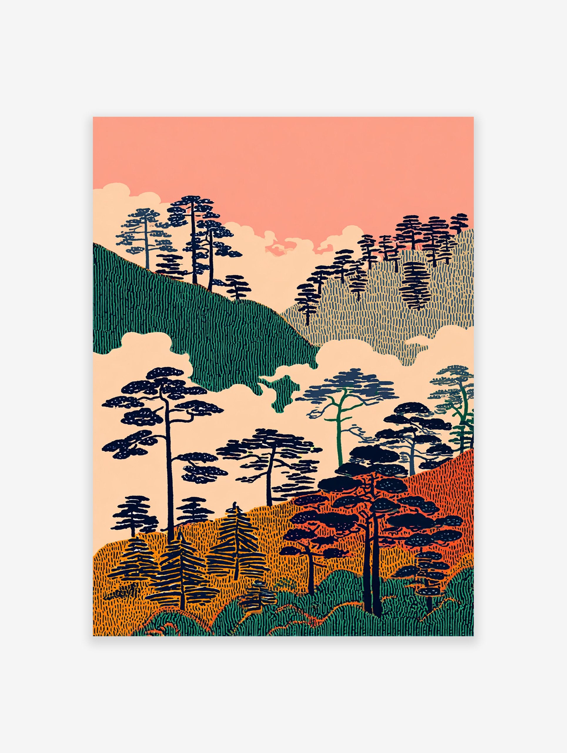 Stylized Japanese landscape wall art with dark pine trees on green and orange textured hills under a pink sky with clouds.