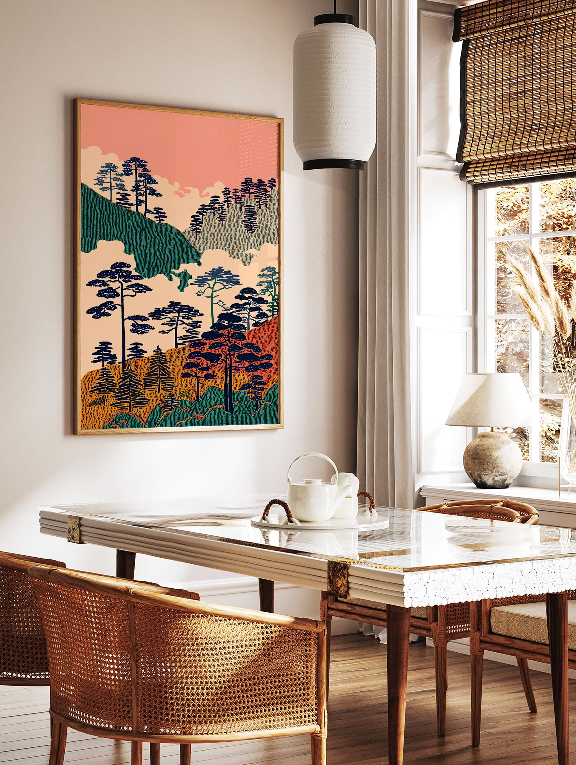 Stylized Japanese landscape wall art with dark pine trees on green and orange textured hills under a pink sky with clouds. - Image 2