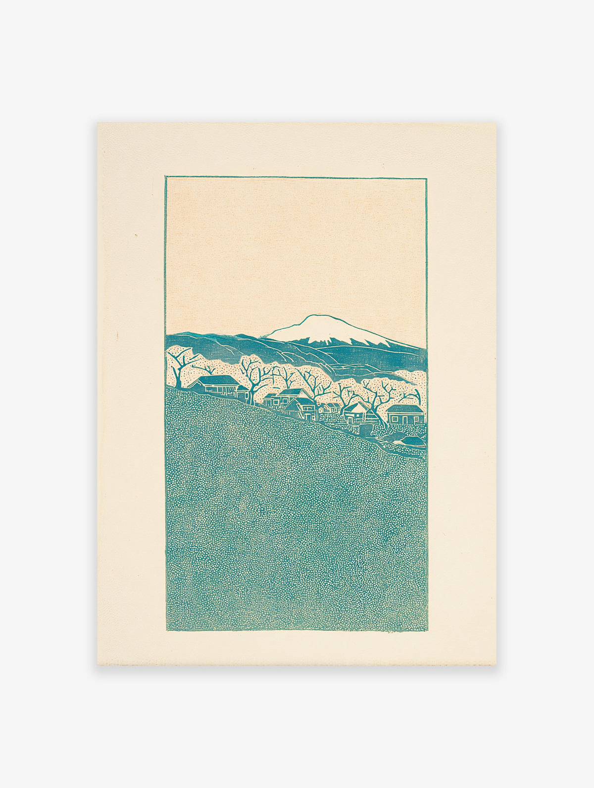 Japanese landscape wall art print with a teal mountain, village houses, and bare trees on a cream background.