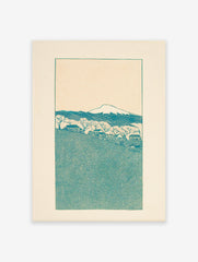 Japanese landscape wall art print with a teal mountain, village houses, and bare trees on a cream background.