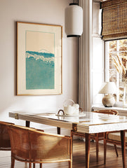 Japanese landscape wall art print with a teal mountain, village houses, and bare trees on a cream background. - Image 2