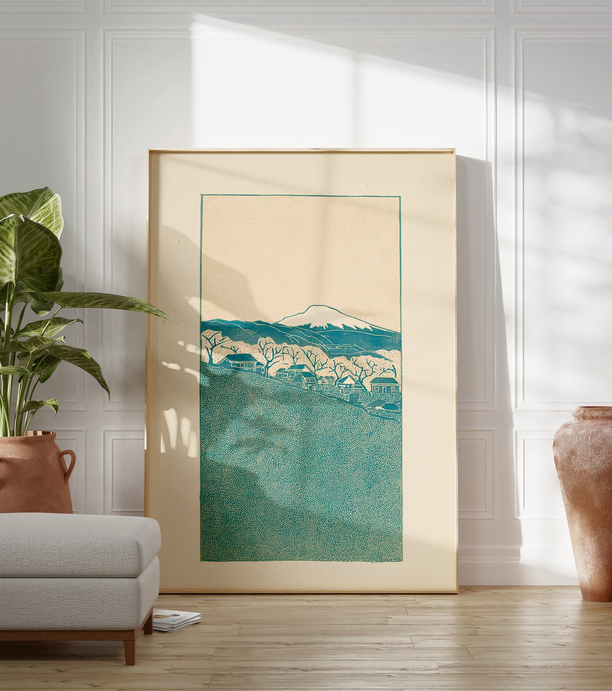 Japanese landscape wall art print with a teal mountain, village houses, and bare trees on a cream background. - Image 3