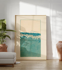 Japanese landscape wall art print with a teal mountain, village houses, and bare trees on a cream background. - Image 3