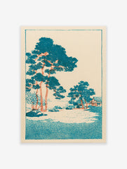 Japanese landscape wall art print featuring teal pine trees and an orange-trunked traditional building on a light background.