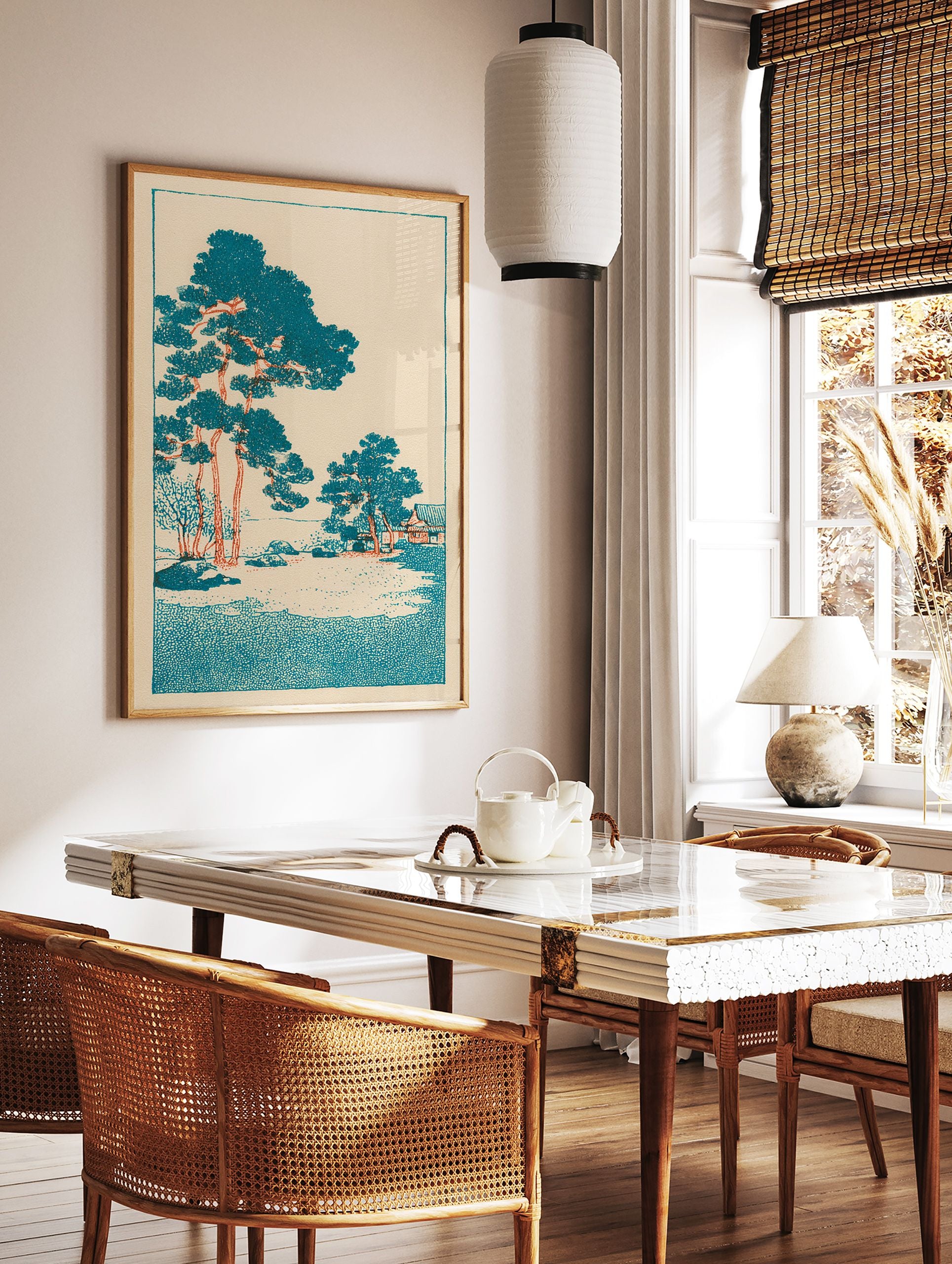 Japanese landscape wall art print featuring teal pine trees and an orange-trunked traditional building on a light background. - Image 2