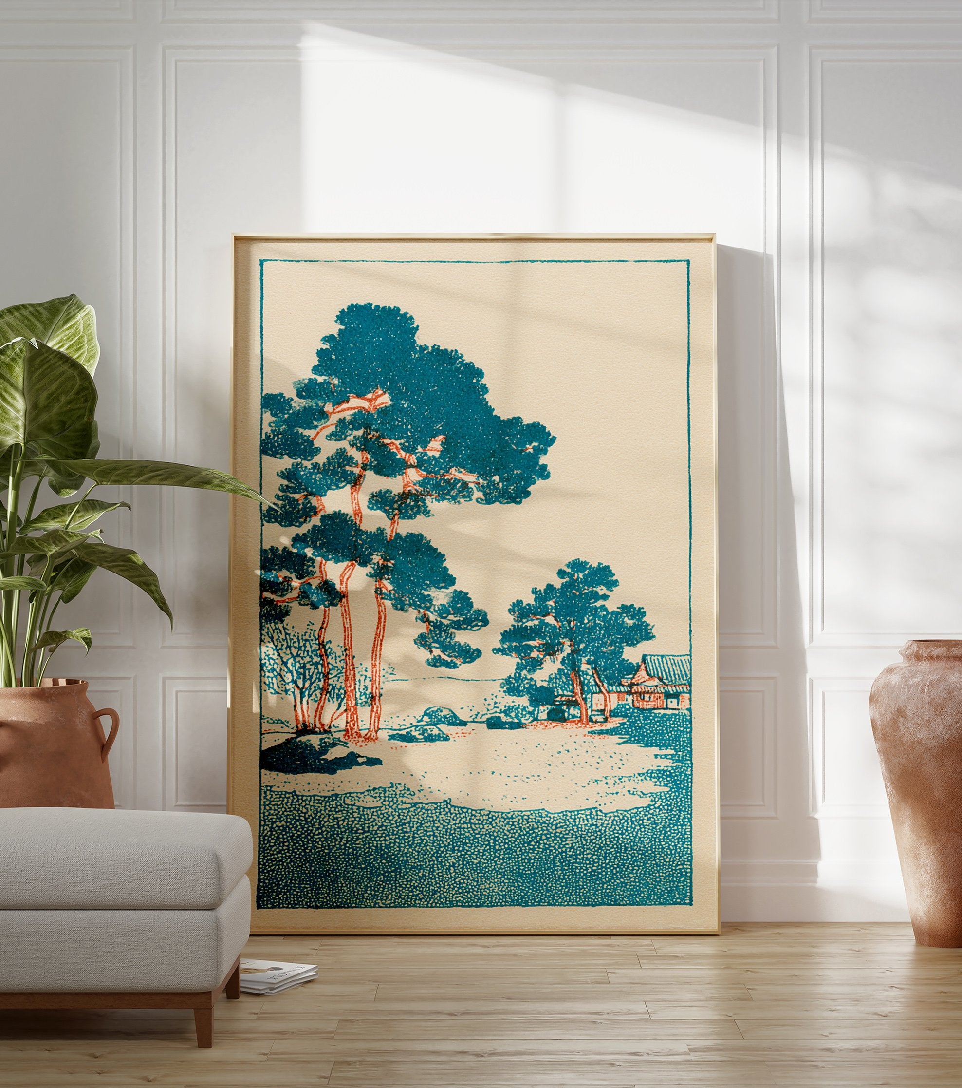 Japanese landscape wall art print featuring teal pine trees and an orange-trunked traditional building on a light background. - Image 3