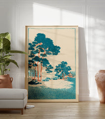 Japanese landscape wall art print featuring teal pine trees and an orange-trunked traditional building on a light background. - Image 3