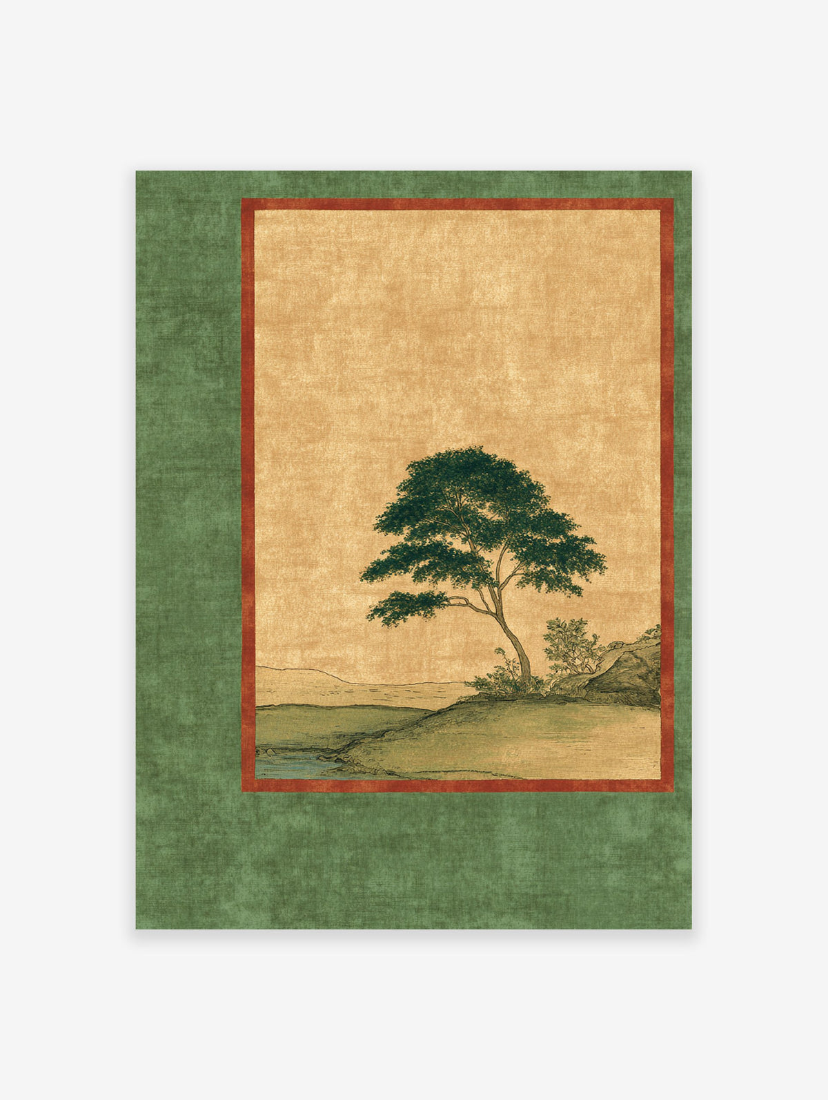 Japanese landscape wall art featuring a green tree by a river, with a gold background and dark green border.