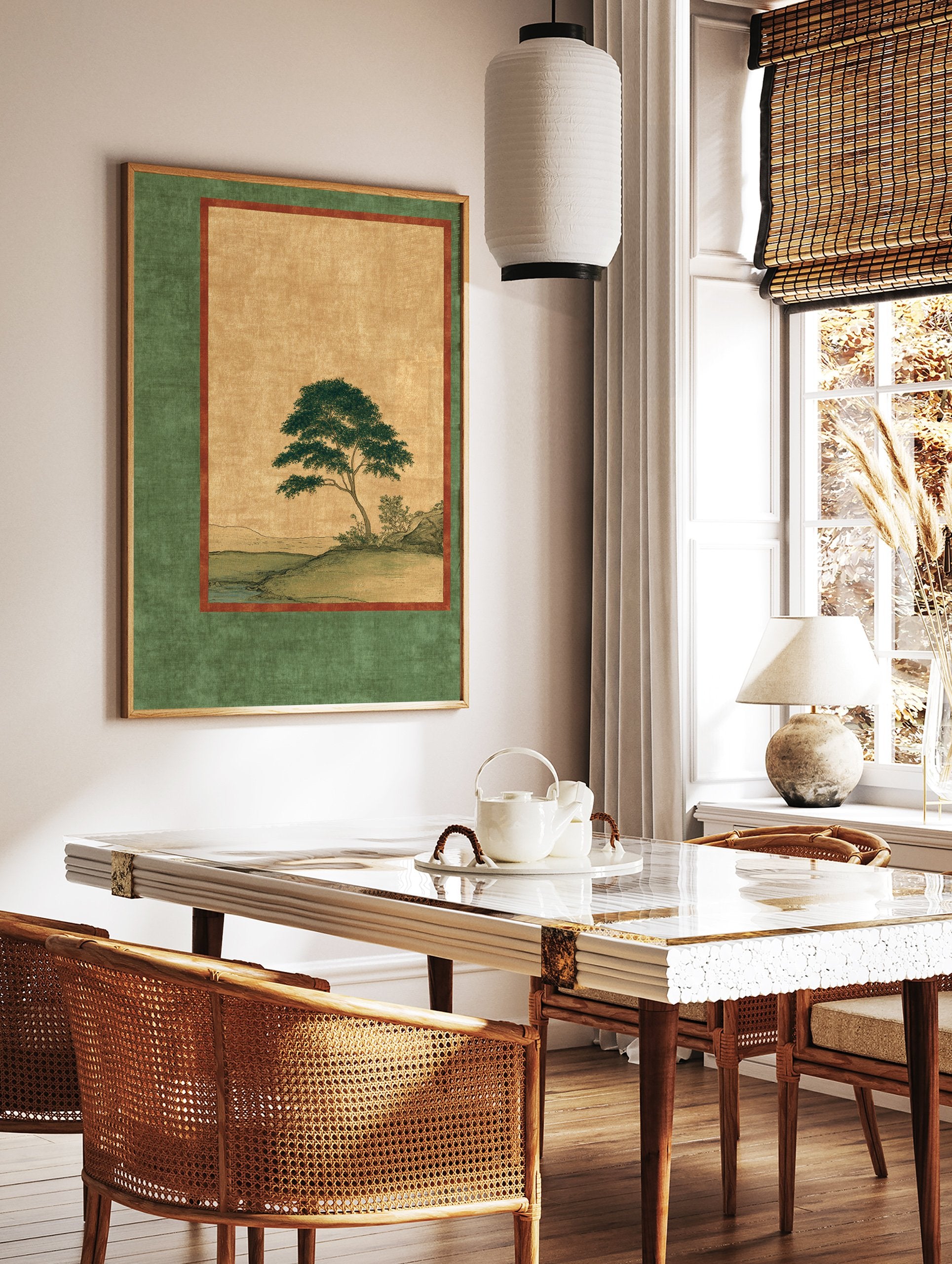 Japanese landscape wall art featuring a green tree by a river, with a gold background and dark green border. - Image 2