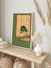 Japanese landscape wall art featuring a green tree by a river, with a gold background and dark green border. - Image 3