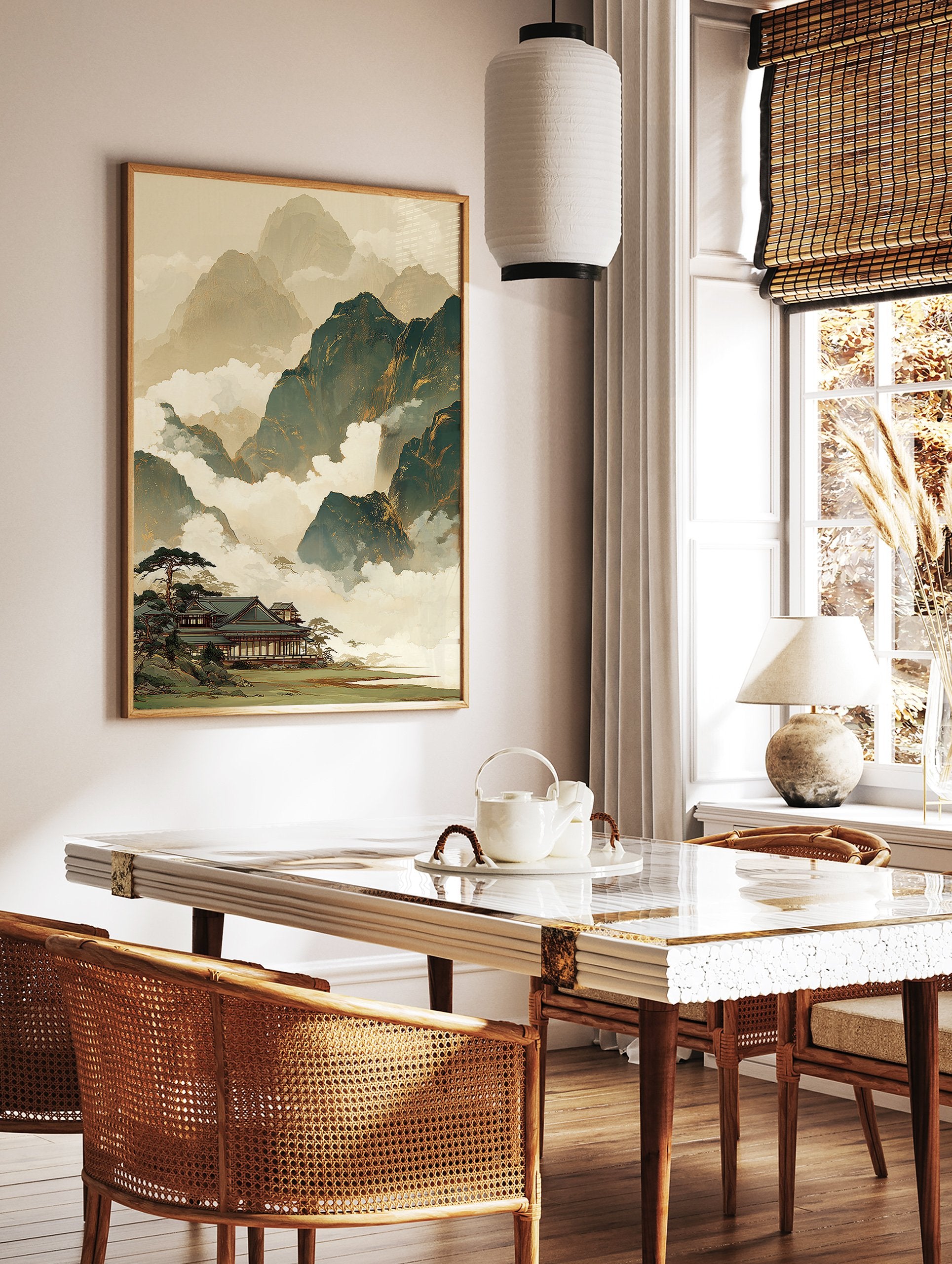 Traditional Japanese landscape wall art with misty mountains, a temple, and pine trees in earth tones. - Image 2
