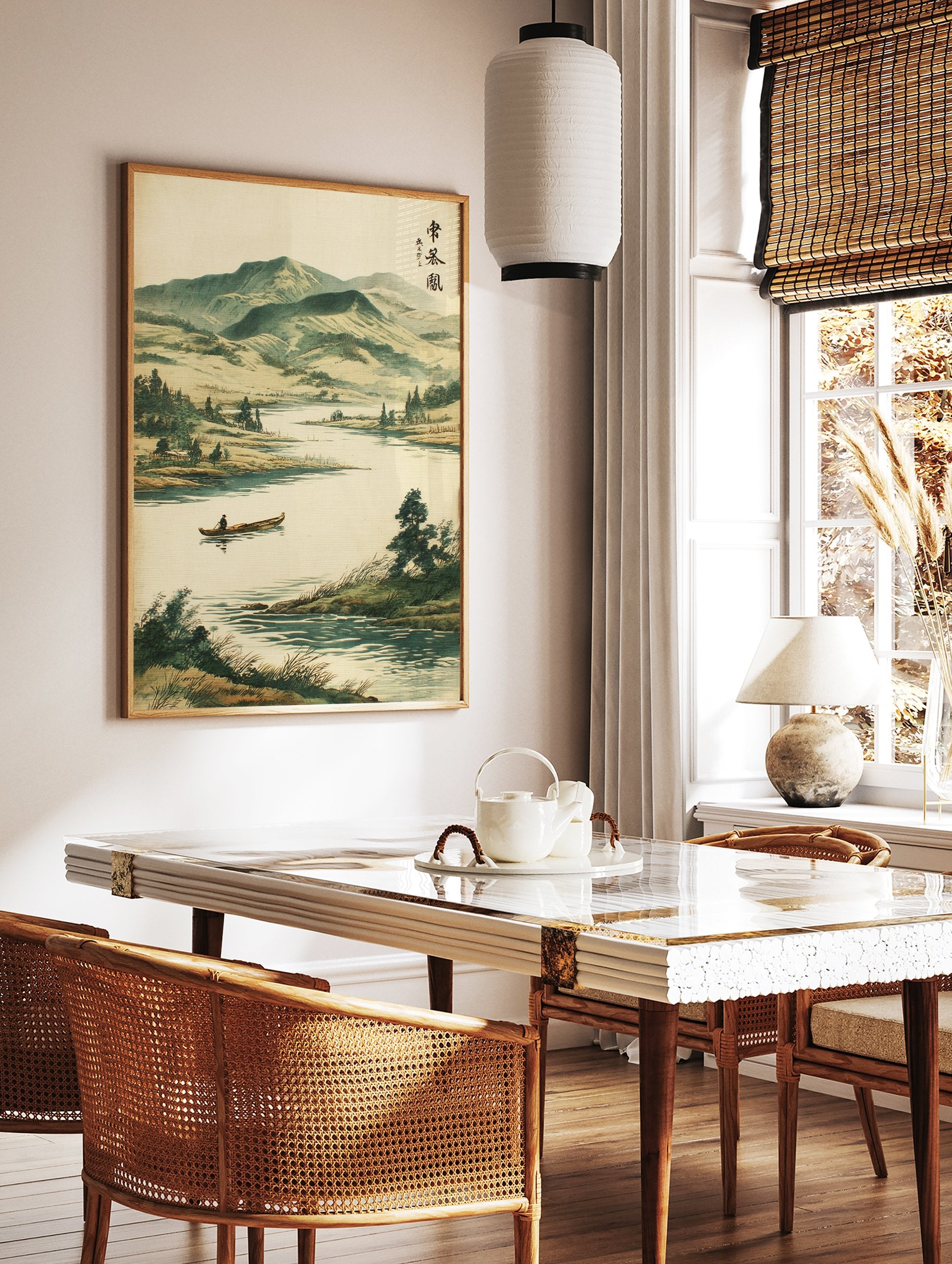 Japanese landscape wall art featuring a serene river, mountains, trees, and a person in a boat, with traditional calligraphy. - Image 2